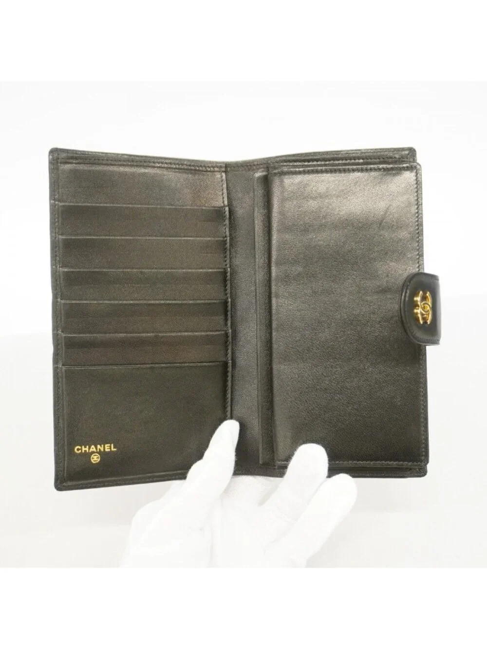 Chanel Wallet Bicolor Leather Black Gold